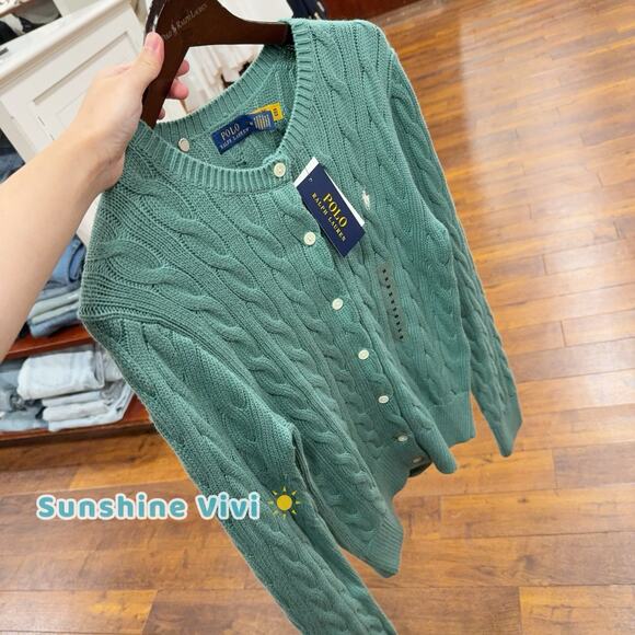 NEW Ralph Lauren Polo Women's Cotton Cable Knit Cardigan Sweater Green Medium - Picture 2 of 7